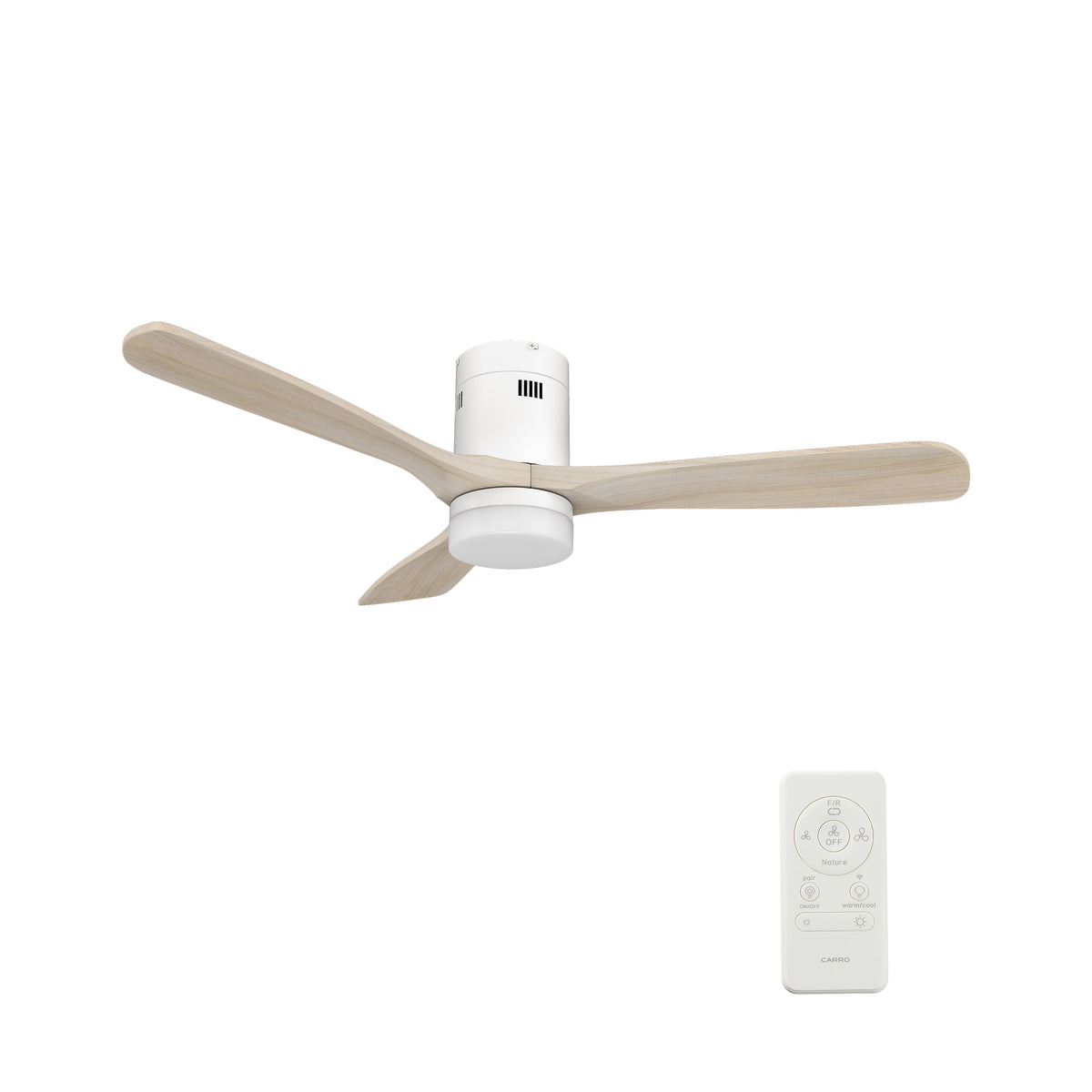 Carro LABELLE 52 inch 3-Blade Flush Mount Smart Ceiling Fan with LED Light Kit & Remote- White/White Oak