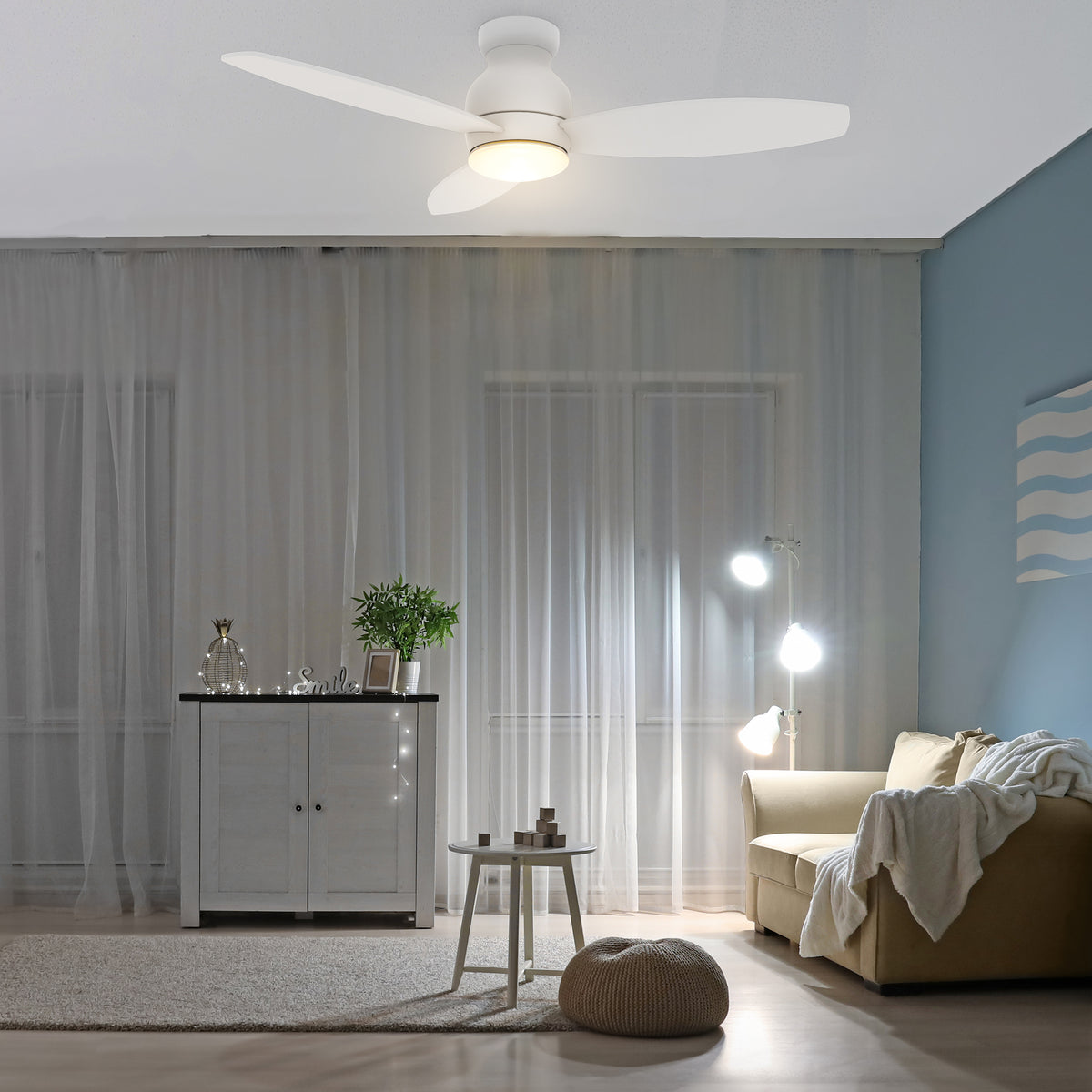 Carro TRENTO 52 inch 3-Blade Smart Ceiling Fan with LED Light Kit & Remote- White/White fan blades