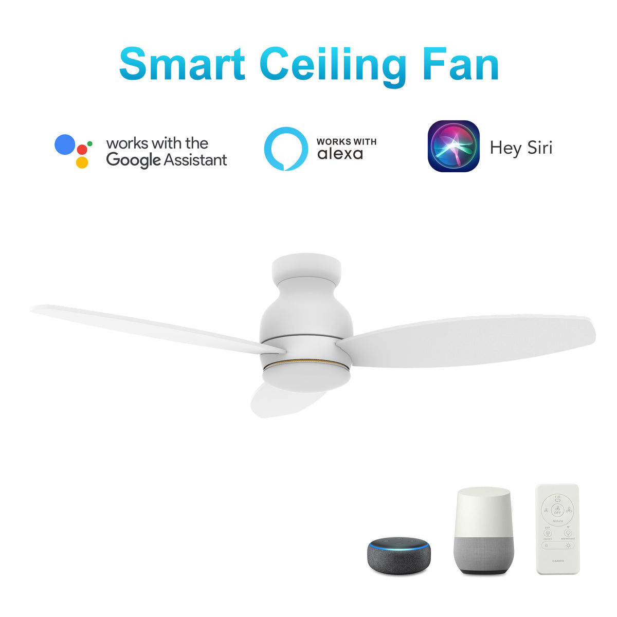 Carro TRENTO 52 inch 3-Blade Smart Ceiling Fan with LED Light Kit & Remote- White/White fan blades