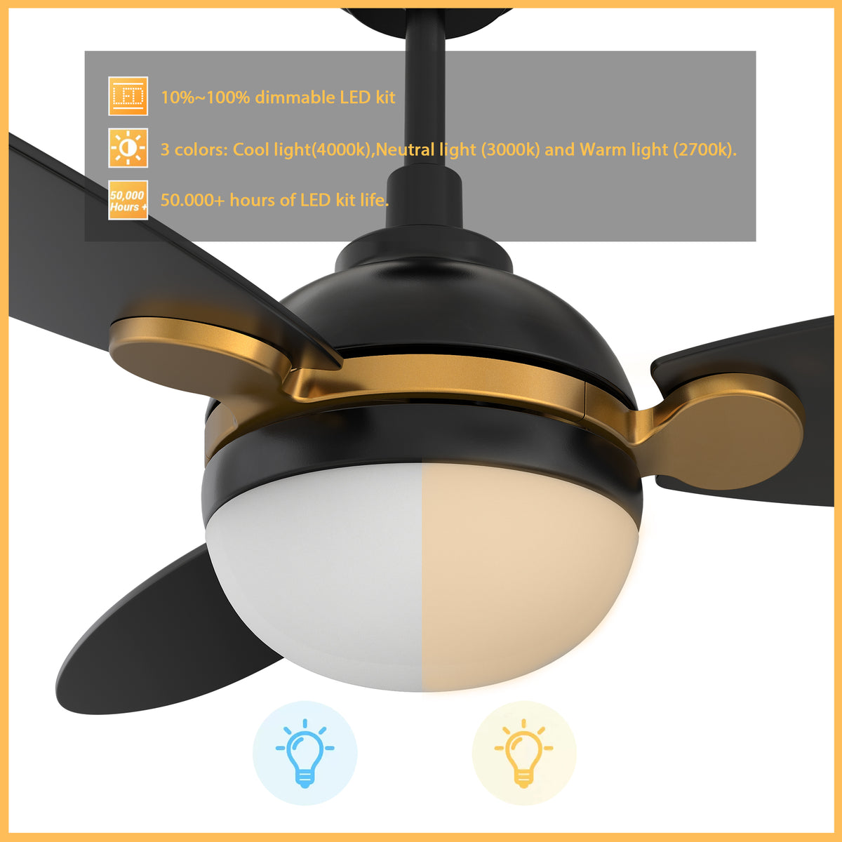 Carro PEARLA 52 inch 3-Blade Smart Ceiling Fan with LED Light Kit & Remote Control- Black/Black (Gold Details)