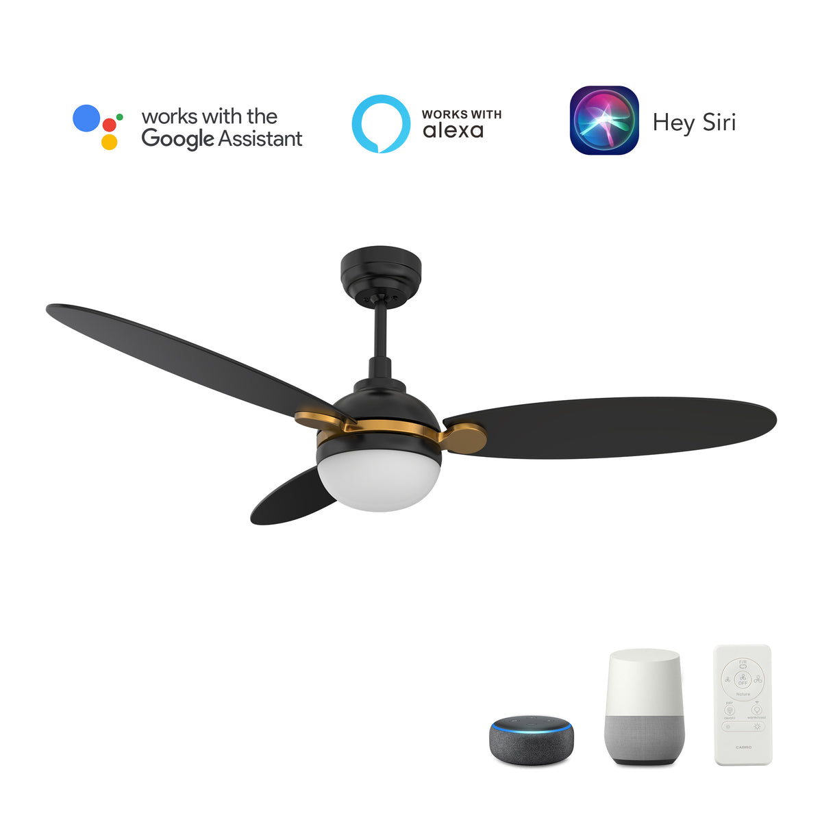 Carro PEARLA 52 inch 3-Blade Smart Ceiling Fan with LED Light Kit & Remote Control- Black/Black (Gold Details)