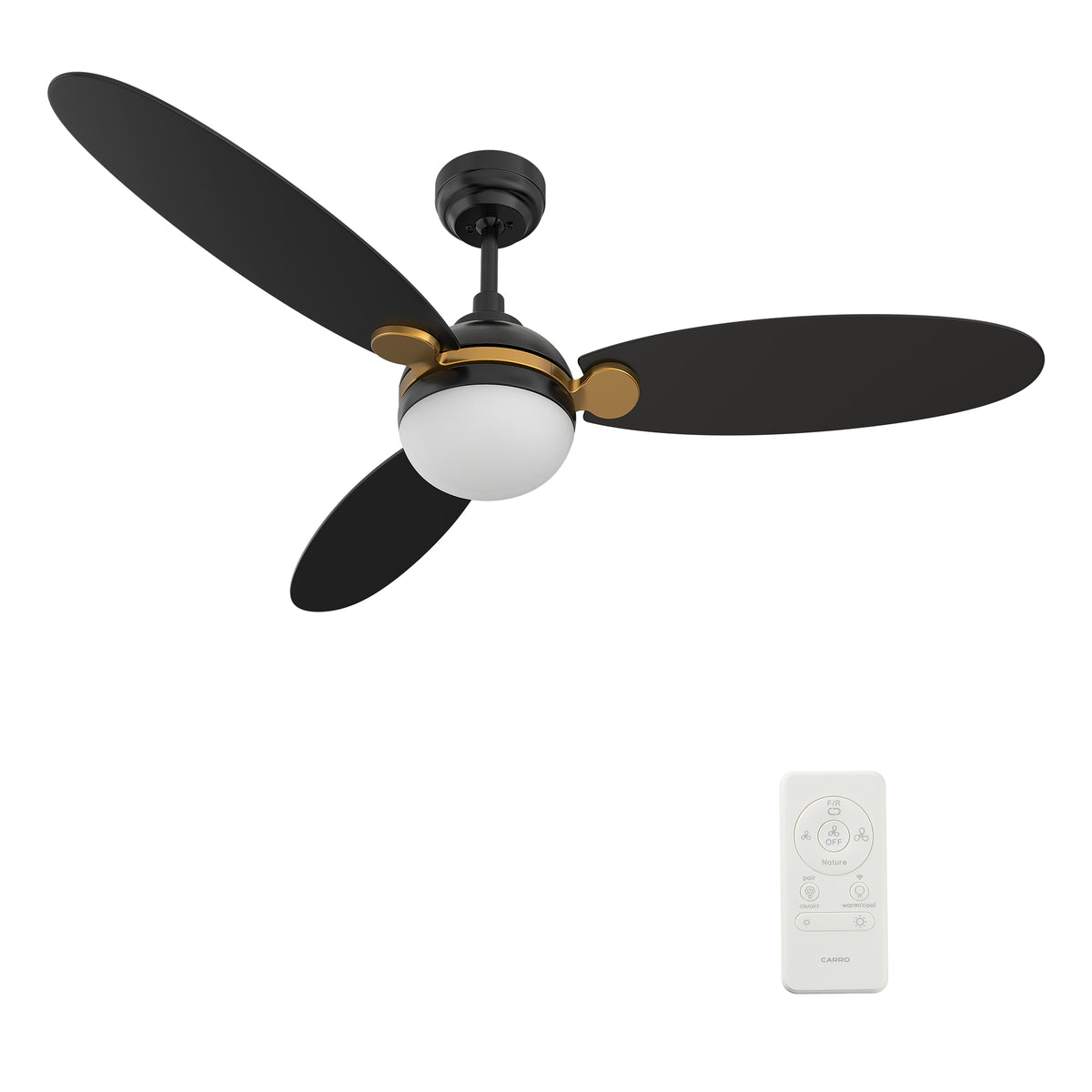 Carro PEARLA 52 inch 3-Blade Smart Ceiling Fan with LED Light Kit & Remote Control- Black/Black (Gold Details)