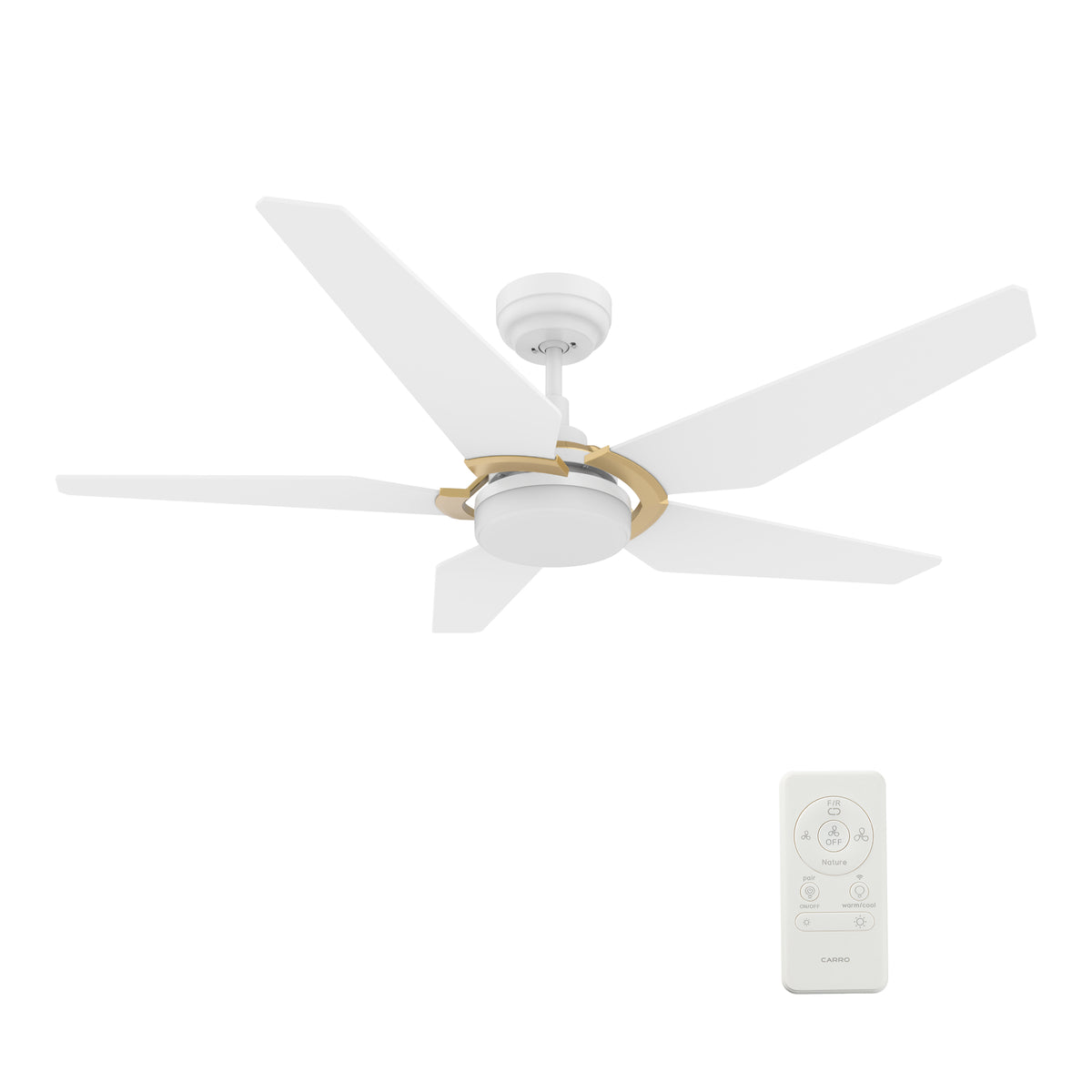 Carro WOODROW 52 inch 5-Blade Smart Ceiling Fan with LED Light Kit & Remote - White/White (Gold Detail)