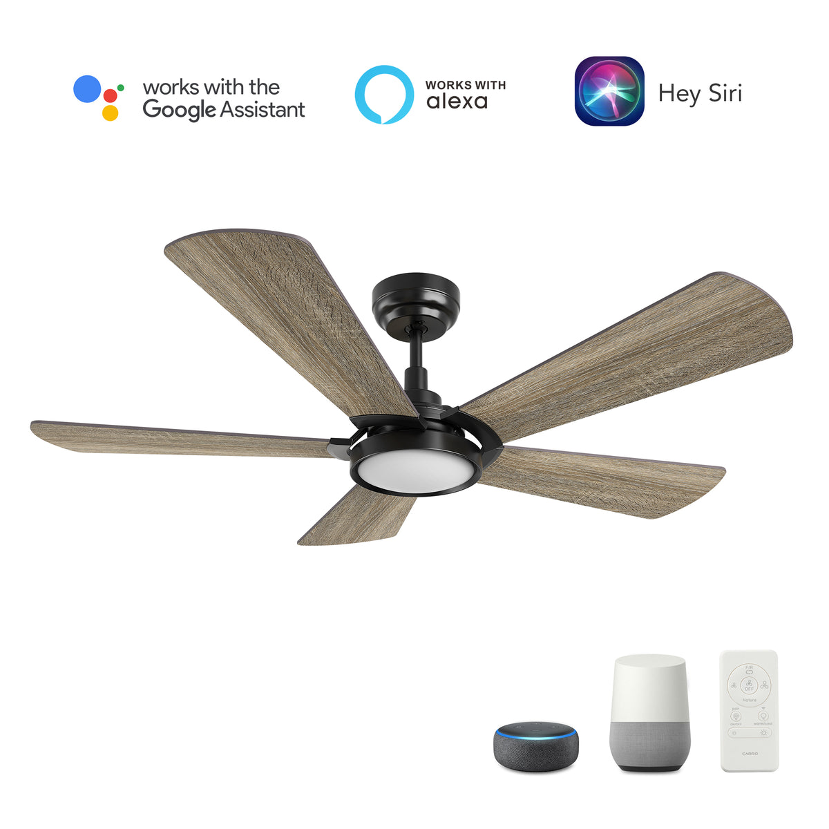 Carro  Home WINSTON 52 inch 5-Blade Smart Ceiling Fan with LED Light Kit & Remote Control- Black/Barnwood