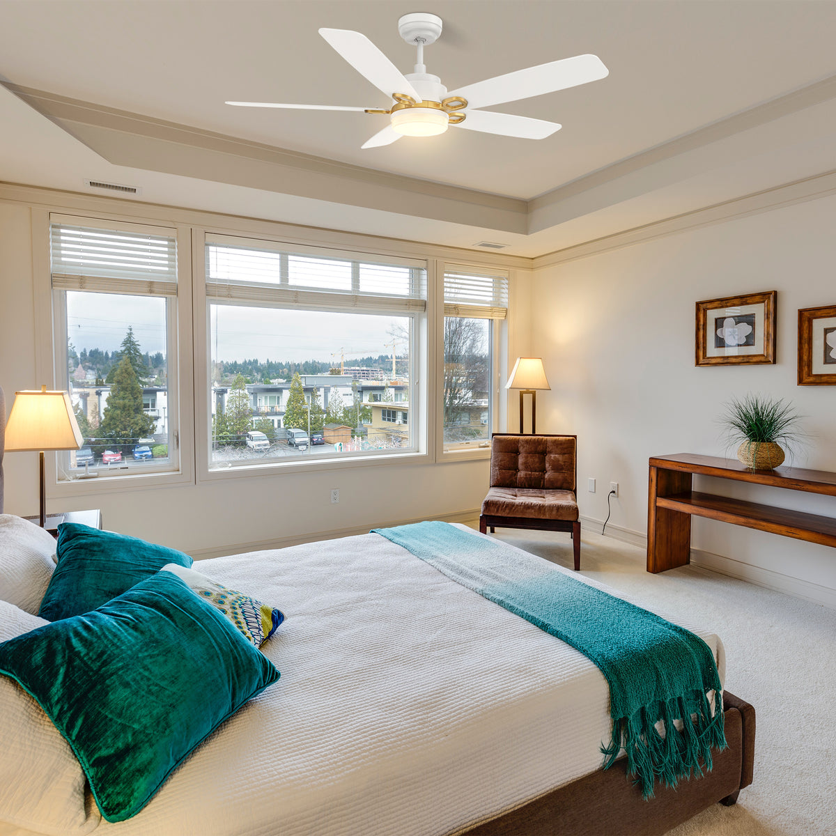 Carro PEYTON 52 inch 5-Blade Smart Ceiling Fan with LED Light Kit & Remote Control- White/White (Gold Details)