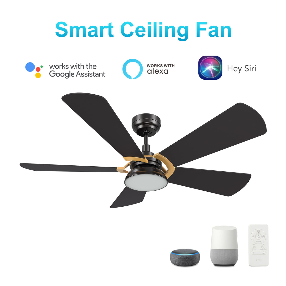 Carro SAVILI 52 inch 5-Blade Smart Ceiling Fan with LED Light Kit & Remote Control- Black/Black (Gold Details)