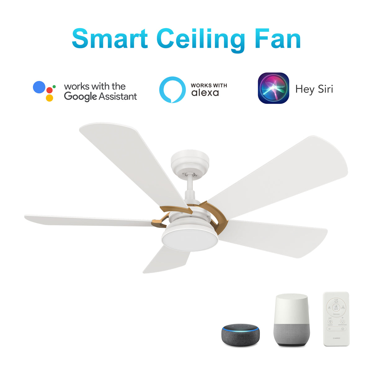 Carro SAVILI 52 inch 5-Blade Smart Ceiling Fan with LED Light Kit & Remote Control- White/White (Gold Details)