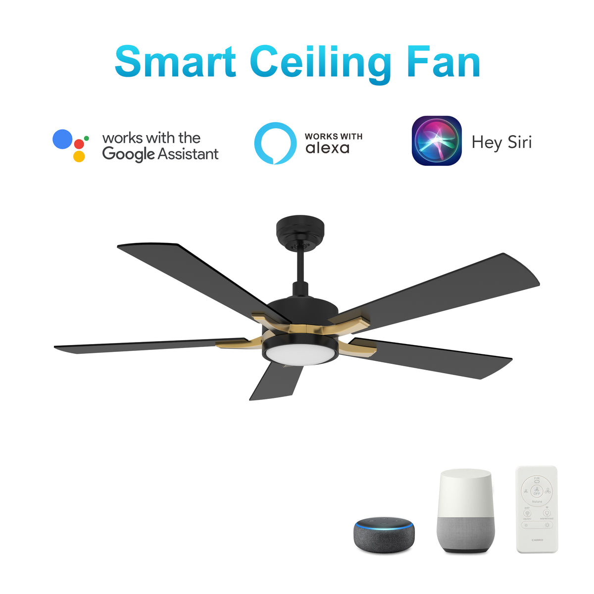 Carro Home APPLETON 52 inch 5-Blade Smart Ceiling Fan with LED Light Kit & Remote Control- Black/Black (Gold Details) fan blades