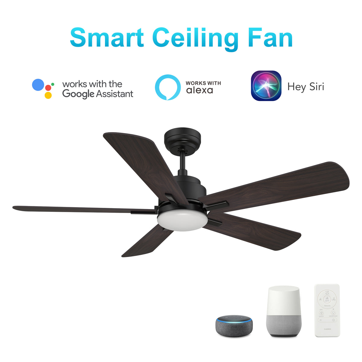 Carro OLINDA 52 inch 5-Blade Smart Ceiling Fan with LED Light Kit & Remote- Black/Walnut & Barnwood (Reversible Blades)