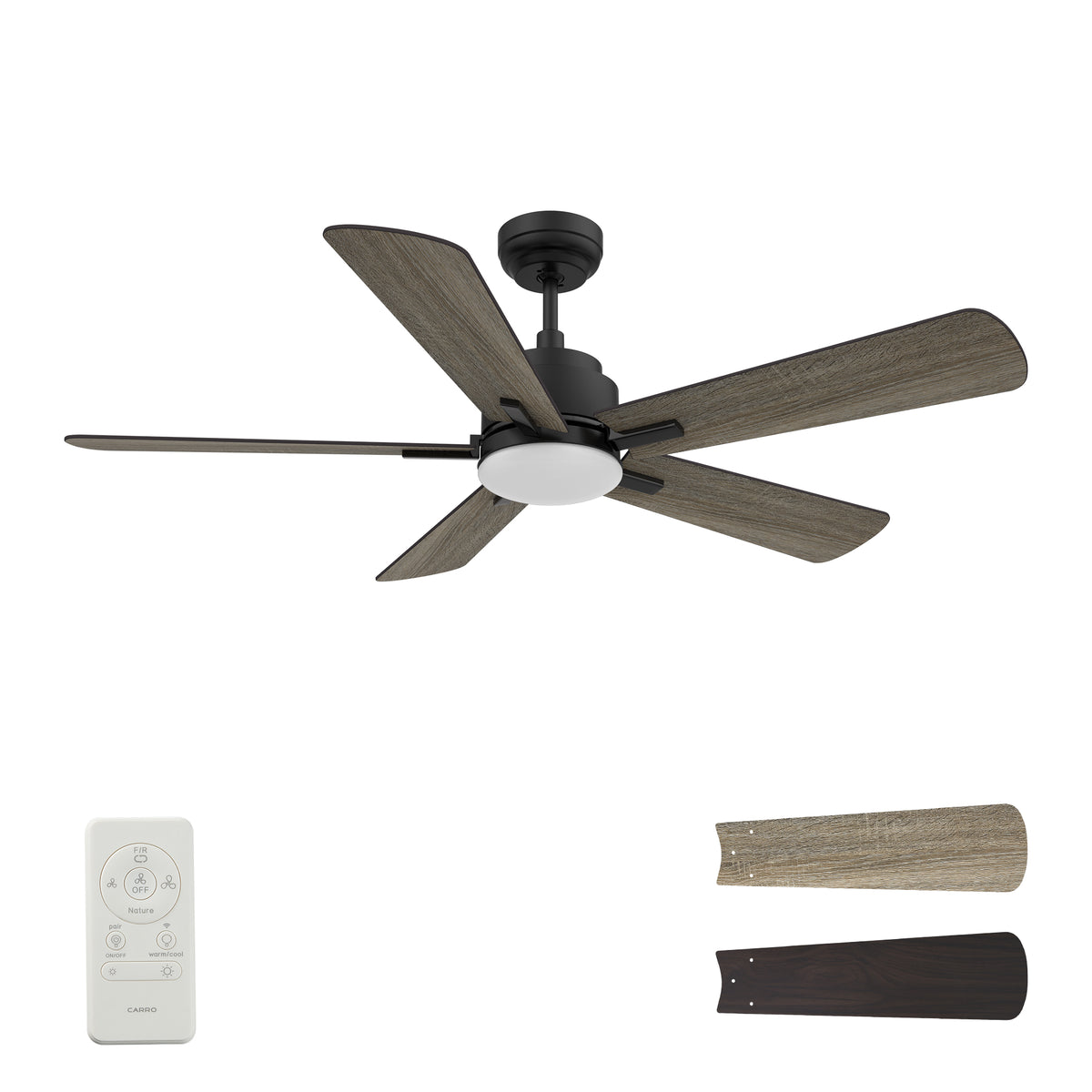 Carro OLINDA 52 inch 5-Blade Smart Ceiling Fan with LED Light Kit & Remote- Black/Walnut & Barnwood (Reversible Blades)