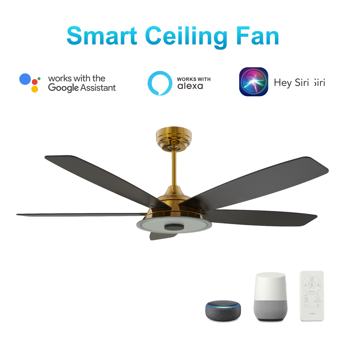 Carro JOURNEY 52 inch 5-Blade Smart Ceiling Fan with LED Light Kit & Remote - Gold/Black fan blades
