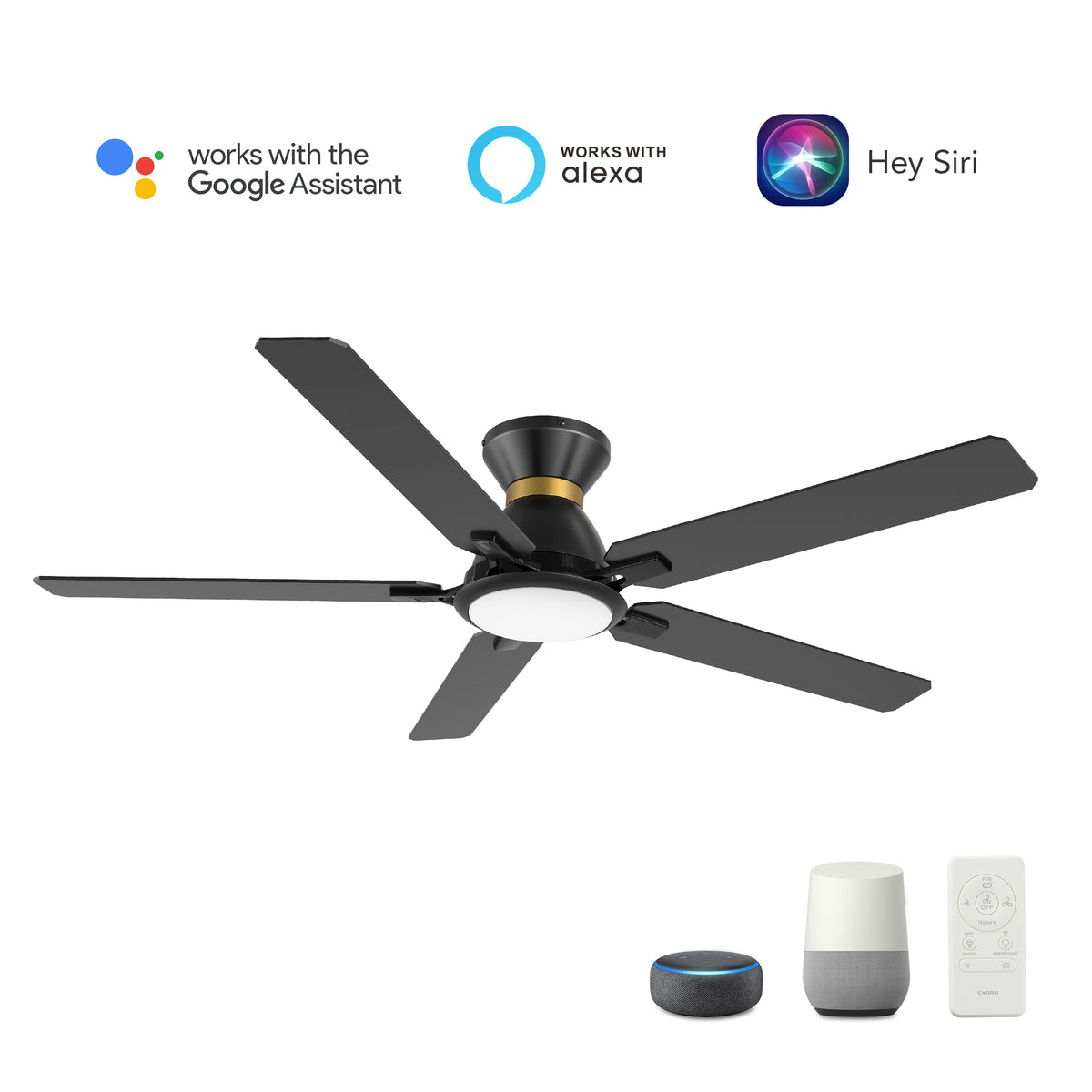 Carro ESPEAR 52 inch Flush Mount 5-Blade Smart Ceiling Fan with LED Light Kit & Remote - Black/Black (Gold Detail)