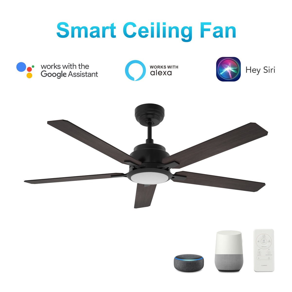 Carro USA ESPEAR 52 inch 5-Blade Smart Ceiling Fan with LED Light Kit & Remote - Black/Walnut Pattern fan blades