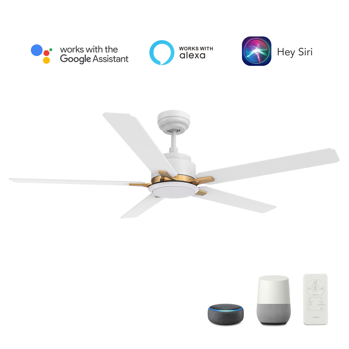 Carro Home ESPEAR 52 inch 5-Blade Smart Ceiling Fan with LED Light Kit & Remote - White/White (Gold Detail)