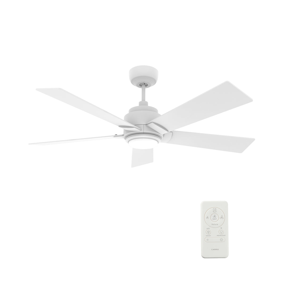Carro Home ASCENDER 52 inch 5-Blade Smart Ceiling Fan with LED Light & Remote Control - White/White fan blades