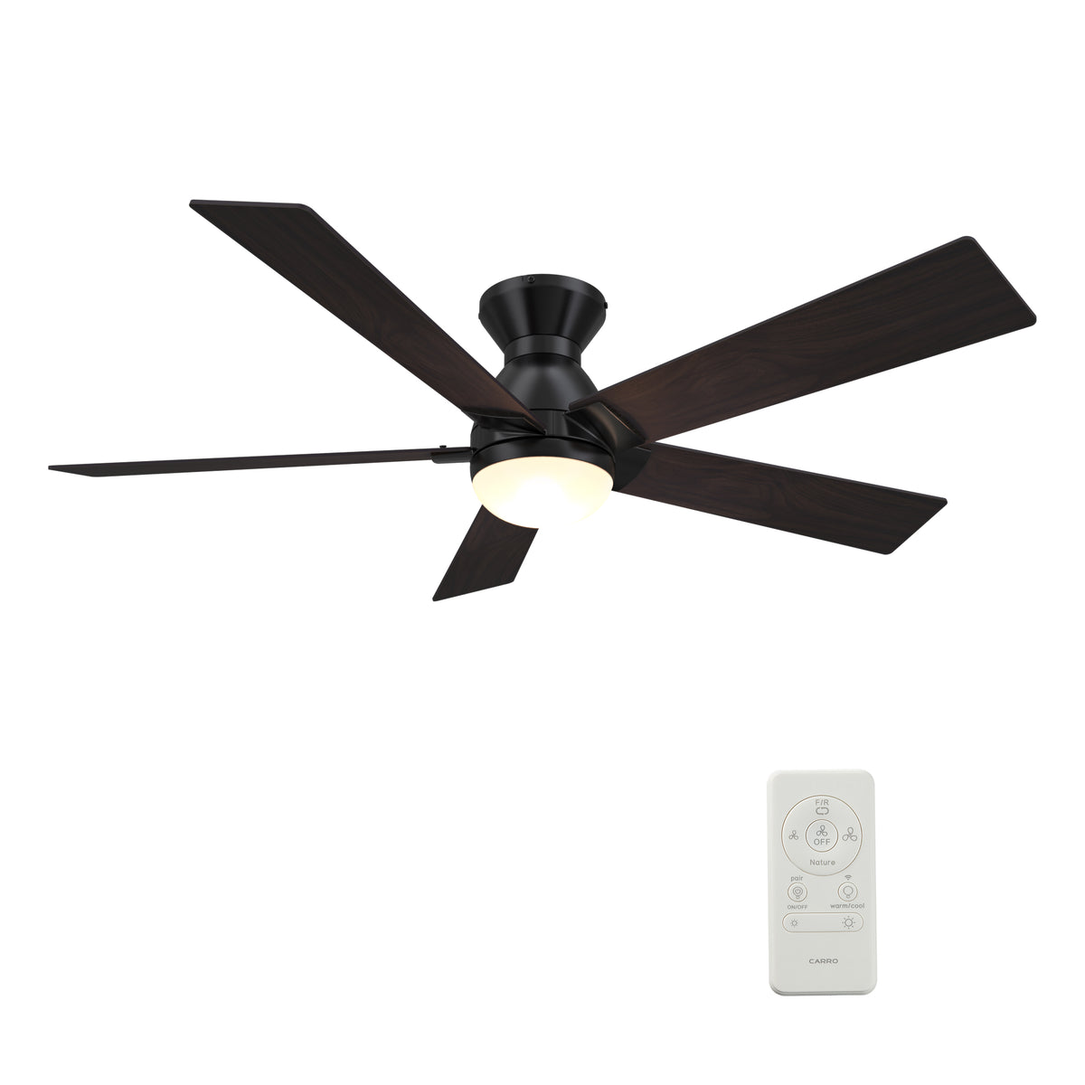 Carro ASCENDER 52 inch 5-Blade Flush Mount Smart Ceiling Fan with LED Light & Remote Control - Black/Walnut & Barnwood (Reversible Blades)