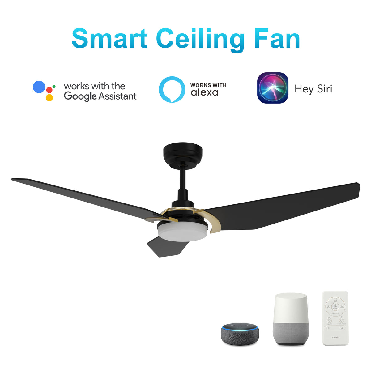 Carro USA KAJ 56 inch 3-Blade Smart Ceiling Fan with LED Light Kit & Remote-Black/Black (Gold Details) fan blades