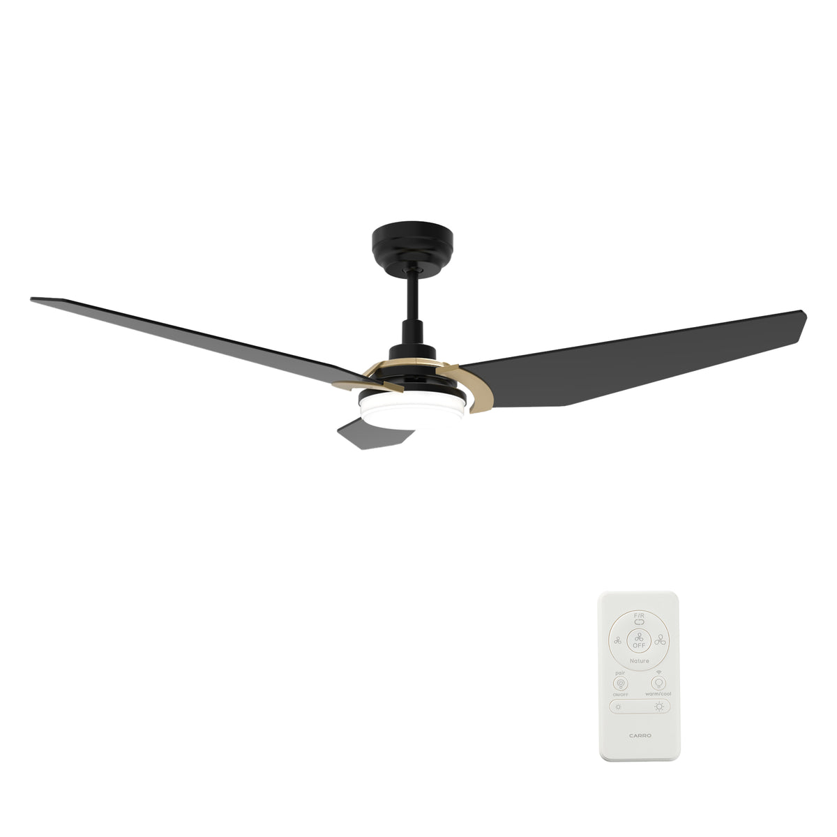Carro USA KAJ 56 inch 3-Blade Smart Ceiling Fan with LED Light Kit & Remote-Black/Black (Gold Details) fan blades