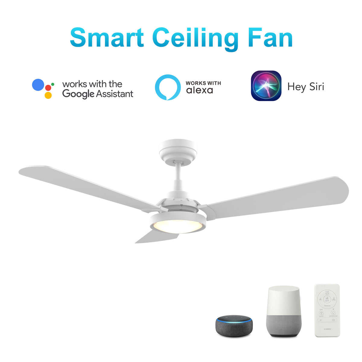 Carro USA BRISA 56 inch 3-Blade Smart Ceiling Fan with LED Light & Remote Control - White/White fan blades