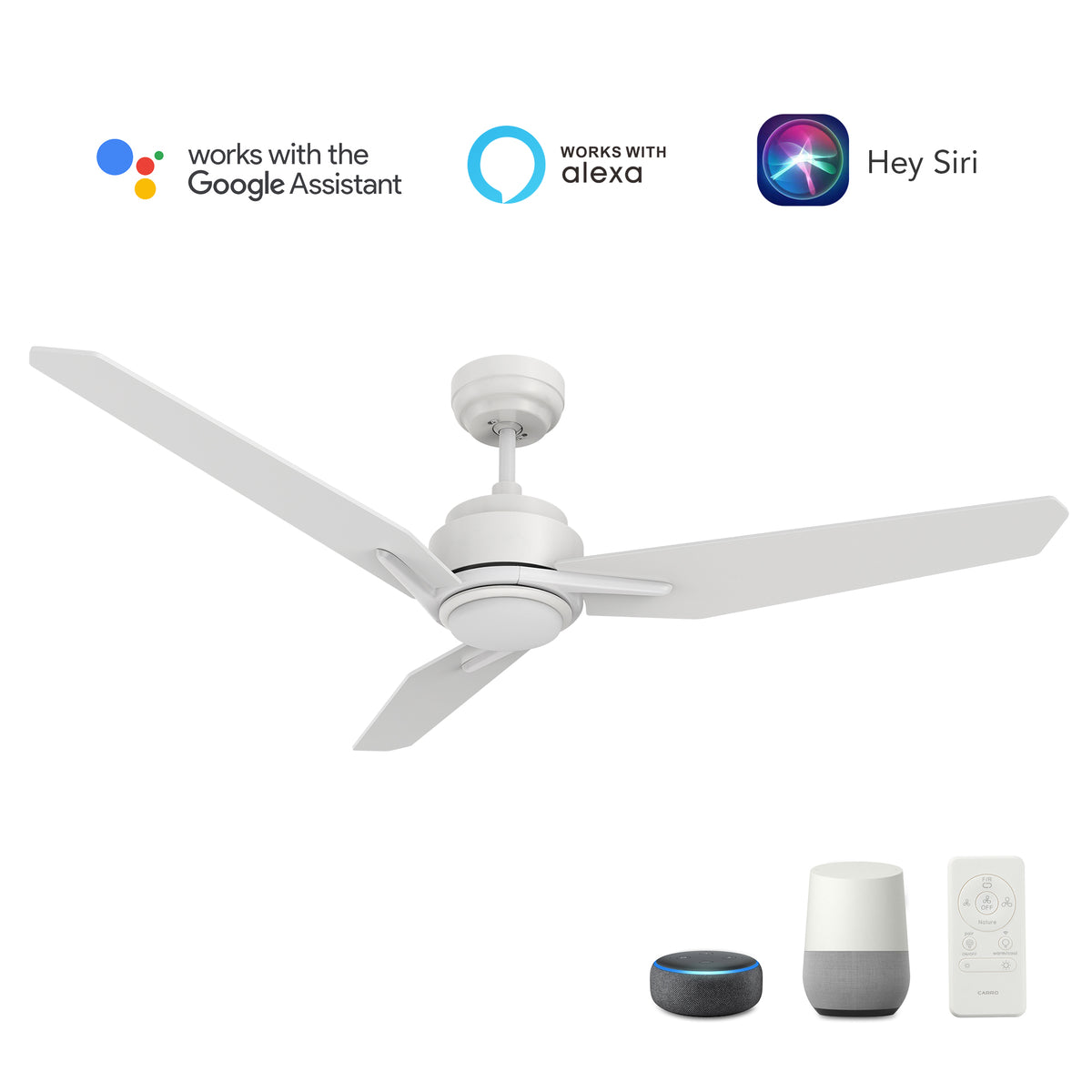 Carro USA CALEN 56 inch 3-Blade Smart Ceiling Fan with LED Light Kit & Remote Control- White/White Fan Blades
