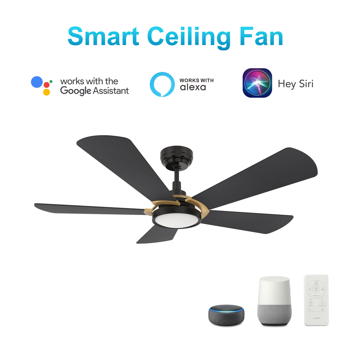 Carro WINSTON 56 inch 5-Blade Smart Ceiling Fan with LED Light Kit & Remote Control- Black/Black fan blades