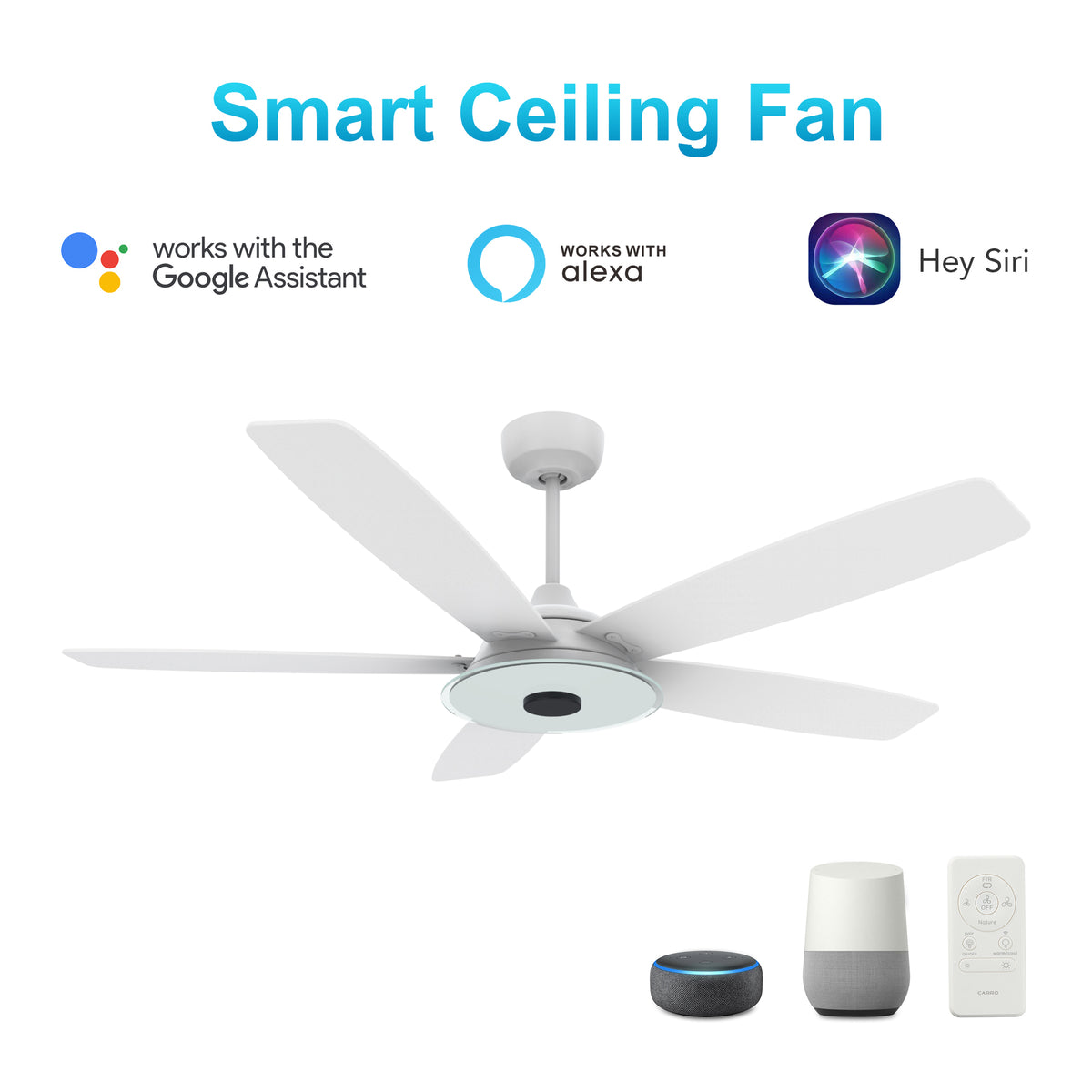 Carro Home JOURNEY 56 inch 5-Blade Smart Ceiling Fan with LED Light Kit & Remote - White/White Fan Blades