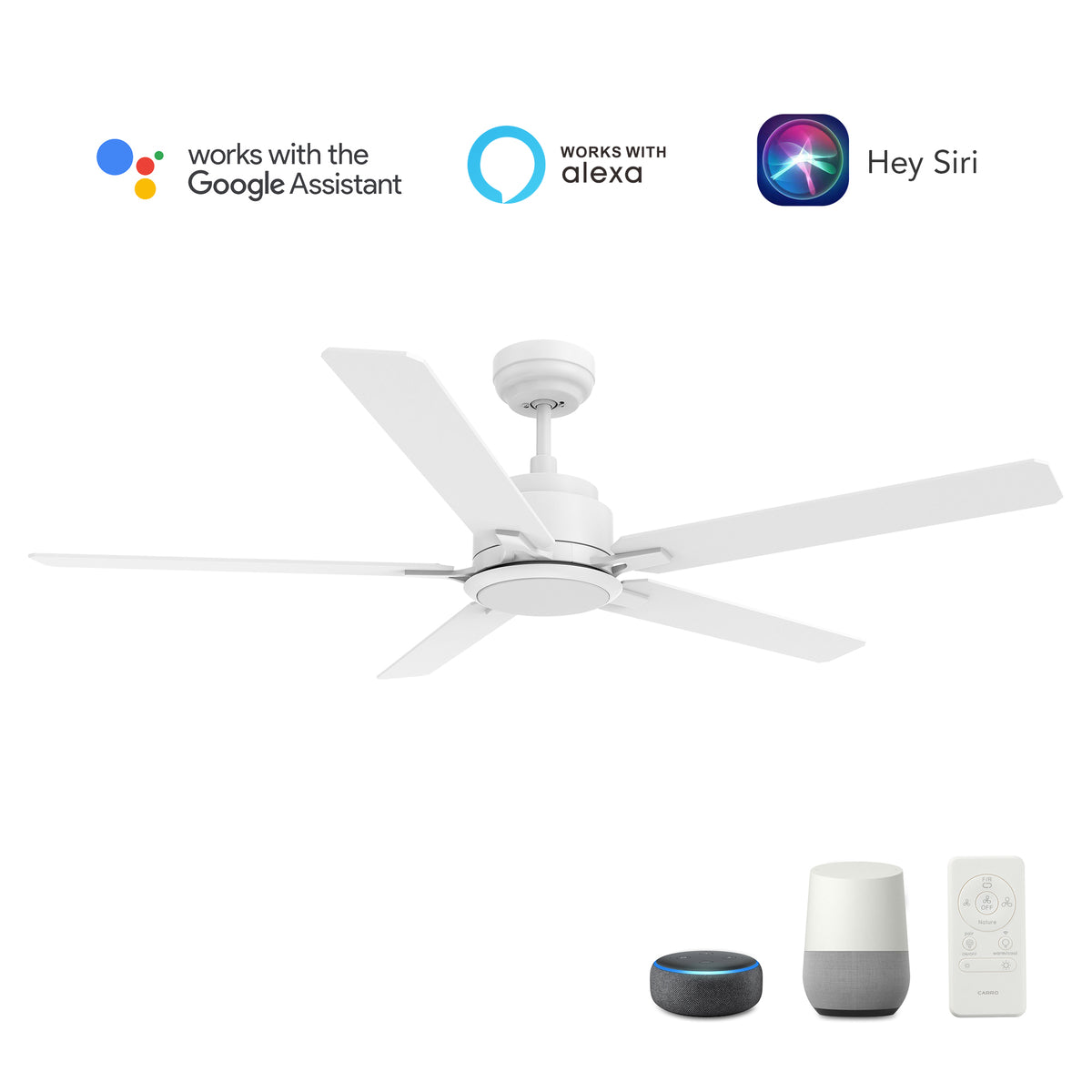 Carro Home ESPEAR 56 inch 5-Blade Smart Ceiling Fan with LED Light Kit & Remote - White/White